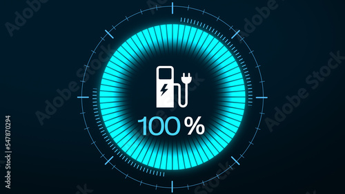 Electric car dashboard display. Electric Car Charging Indicating the Progress of the Charging, electric vehicle battery indicator showing an increasing battery charge
