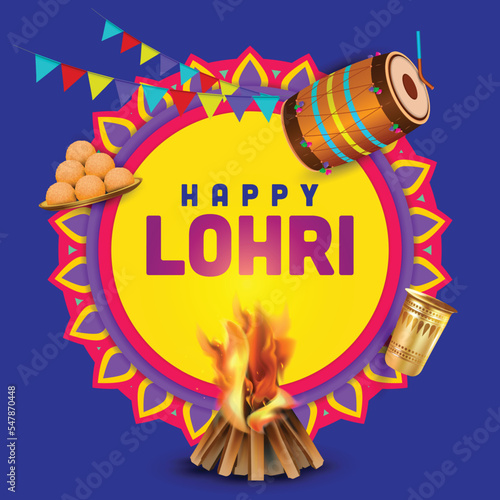 Vector illustration of Happy Lohri or Lohdi Punjabi festival with festival background, decoration and elements