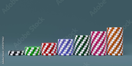 Casino poker chips stack on gray background, 3d
