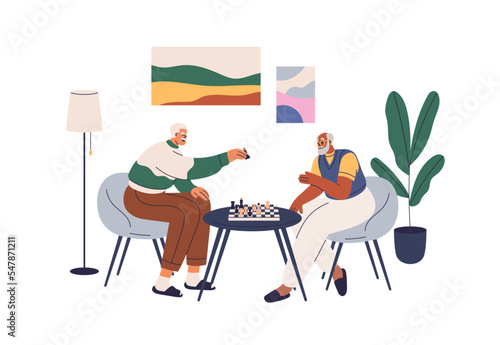 Senior people playing chess game, sitting at table. Old elderly men relaxing at leisure time. Happy aged retired male characters friends resting. Flat vector illustration isolated on white background