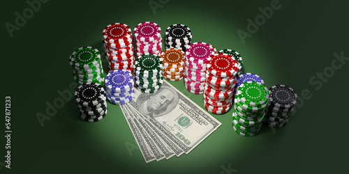 Casino chips stacks and US dollars banknotes on green felt table. 3d
