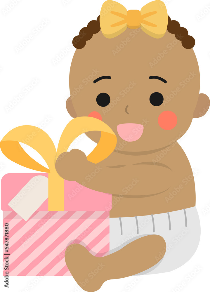 Obraz premium Happy cute baby or toddler with gift box with ribbon, christmas or birthday, gift giving, vector cartoon style