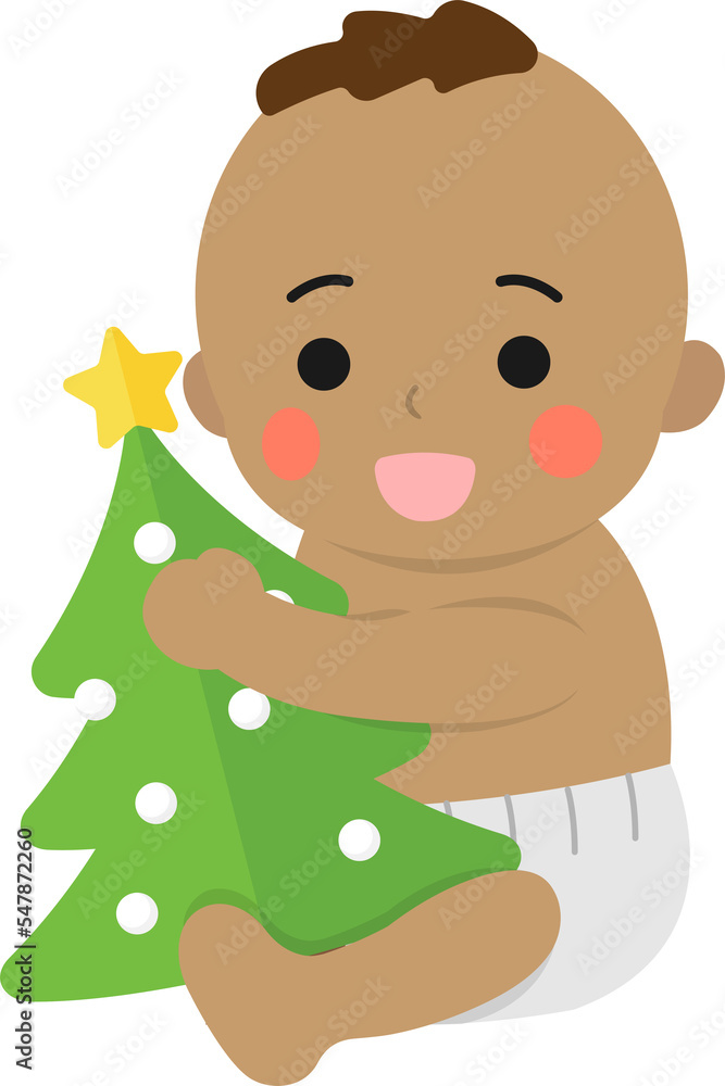 Obraz premium Happy cute baby or toddler with christmas tree, celebrating christmas, ethnicity and dark skin tone, vector cartoon style