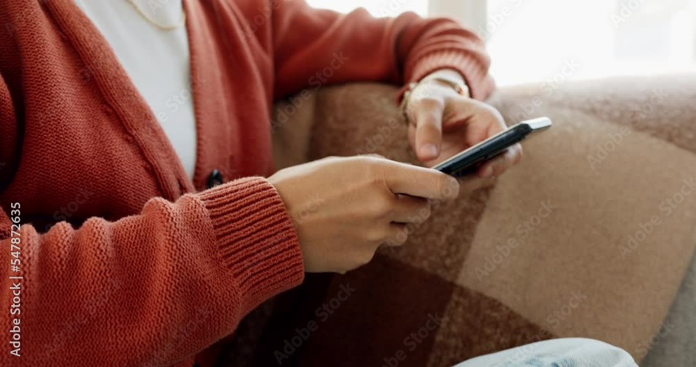 Hands, phone and woman on sofa typing on social media, text message or browsing internet. Relax, living room and female scrolling on 5g mobile or smartphone, networking or web search alone in house. Hands, phone and woman on sofa typing on social media, text message or browsing internet. Relax, living room and female scrolling on 5g mobile or smartphone, networking or web search alone in house.