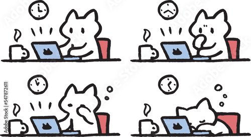 徹夜をする猫　残業　夜更かし　寝落ち　仕事　シンプルでかわいい装飾イラストセット