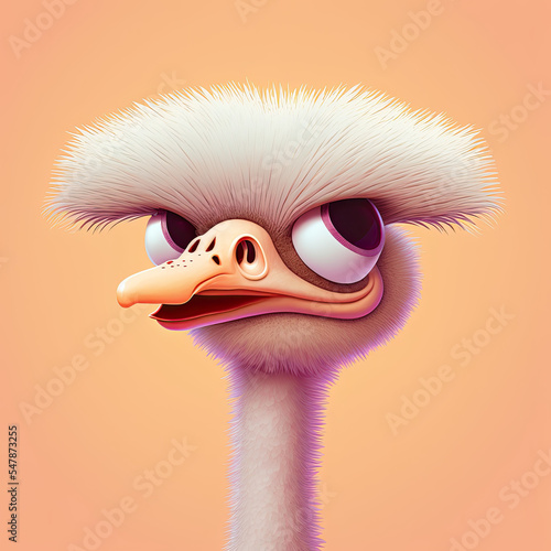 Illustration of a close-up of a fluffy 3d ostrich with big eyes