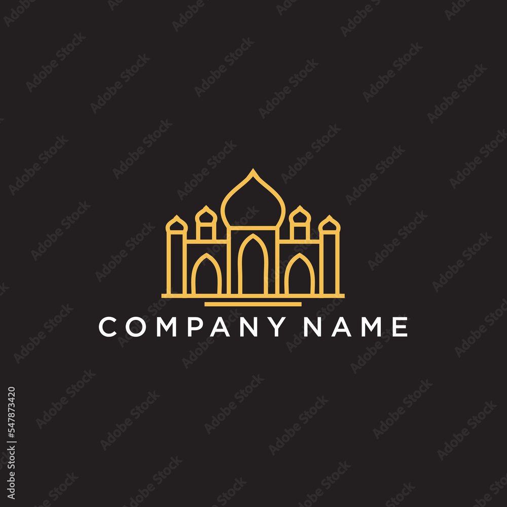taj mahal logo outline islamic muslim designs, simple premiume vector template design on gold colour 
