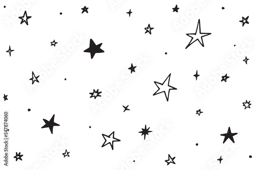 Set of black hand drawn doodle stars in isolated on white background.