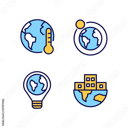 Global problems pixel perfect RGB color icons set. Urbanization process. Climate change. Energy sustainability. Isolated vector illustrations. Simple filled line drawings collection. Editable stroke