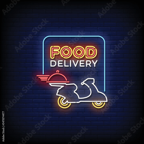 Neon Sign food delivery with brick wall background vector