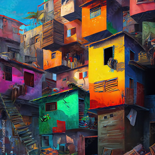 Colorful and vibrant yellow and orange shantytown at sunrise. Overpopulated favela multi storey square houses and shops built from wood and corrugated steel panels. Digital painting art. photo