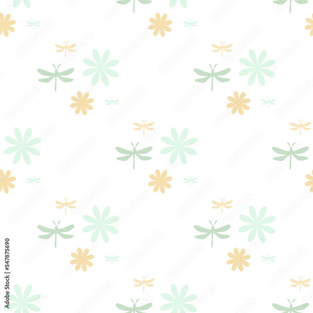 Seamless vector pattern of dragonflies and flowers in gentle colors on a white background. Printing on fabric and paper. Seamless vector pattern of dragonflies and flowers in gentle colors on a white background. Printing on fabric and paper.