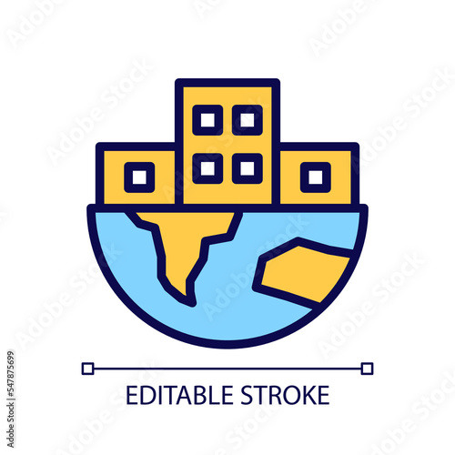 Global infrastructure pixel perfect RGB color icon. World urbanization process. City buildings. Isolated vector illustration. Simple filled line drawing. Editable stroke. Arial font used