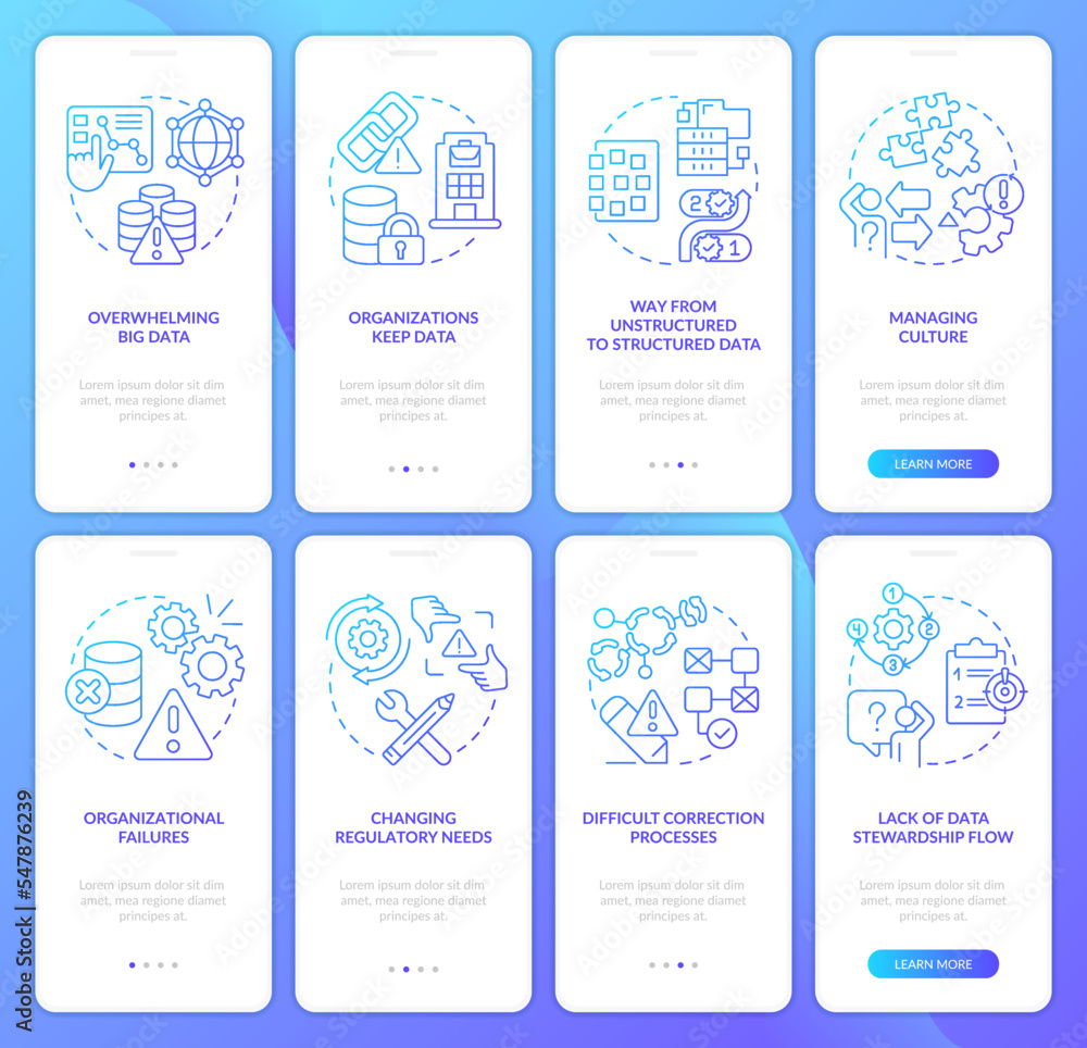 Data governance problems blue gradient onboarding mobile app screen set. Walkthrough 4 steps graphic instructions with linear concepts. UI, UX, GUI template. Myriad Pro-Bold, Regular fonts used