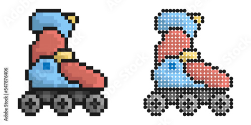 Pixel icon. Roller skates on wheels, extreme sports and entertainment. Sports equipment. Simple retro game vector isolated on white background