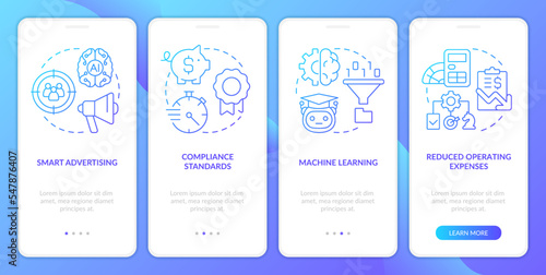 Pros of information regulations blue gradient onboarding mobile app screen. Walkthrough 4 steps graphic instructions with linear concepts. UI, UX, GUI template. Myriad Pro-Bold, Regular fonts used