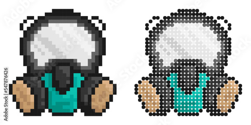 Pixel icon. Safety mask for breathing protection. Chemical respirator with two filters. Simple retro game vector isolated on white background