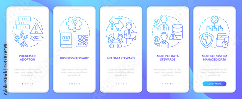 Database troubles blue gradient onboarding mobile app screen. Challenges walkthrough 5 steps graphic instructions with linear concepts. UI, UX, GUI template. Myriad Pro-Bold, Regular fonts used