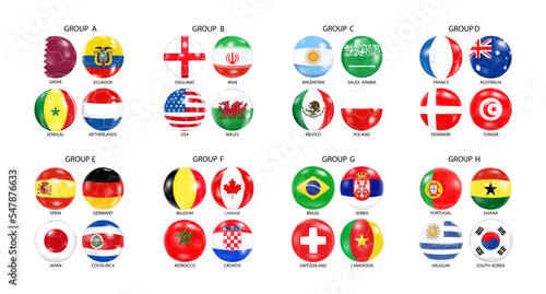  Soccer balls with flags of all countries.Groups of the football tournament in Qatar.