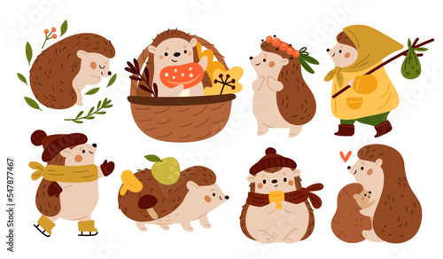 Cute hedgehogs. Funny spiny mammals. Cartoon forest animals with autumn mushrooms and fruits basket. Wildlife adorable characters. Parent and cub hug. Wild nature. Garish vector set