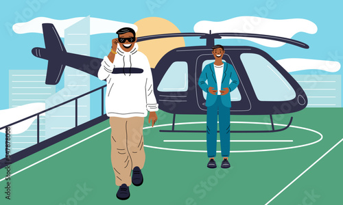 Rich people. Millionaire gets out of private helicopter. Security support. Luxury lifestyle. Wealthy relax life. Billionaire travels by chopper with bodyguard. Garish vector concept
