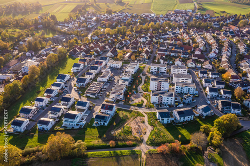 Germany, Baden-Wurttemberg, Waiblingen, Aerial view of modern energy efficient suburb in autumn