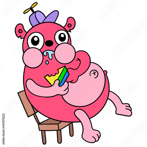 Fat greedy squirrel doodle icon eating the bread voraciously