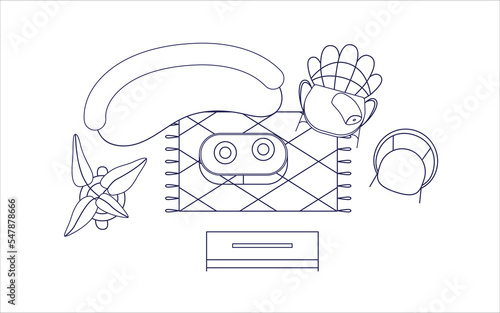 Living room interior design overhead. Home lounge top view, outlined layout with sofa, couch, armchairs, TV stand, coffee table, plant from above. Flat vector illustration isolated on white background