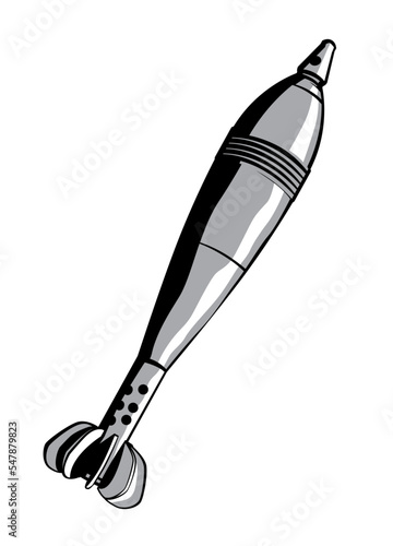 Ammunition. 120mm mortar shell. Mortar bomb. High explosive rounde. Isolated. Vector image for prints, poster and illustrations.