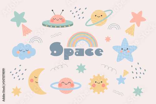 Hand drawn outer space clipart collection. Set of kawaii planets and stars characters in doodle cartoon style.