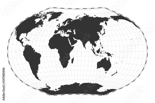 Vector world map. Ginzburg V projection. Plan world geographical map with latitude longitude lines. Centered to 60deg W longitude. Vector illustration.