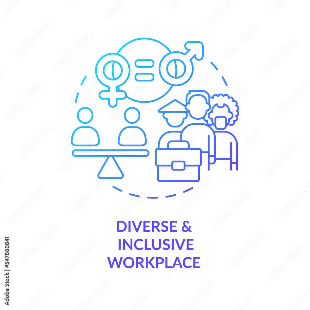 Diverse and inclusive workplace blue gradient concept icon. Social justice. Decent working policy abstract idea thin line illustration. Isolated outline drawing. Myriad Pro-Bold font used Diverse and inclusive workplace blue gradient concept icon. Social justice. Decent working policy abstract idea thin line illustration. Isolated outline drawing. Myriad Pro-Bold font used