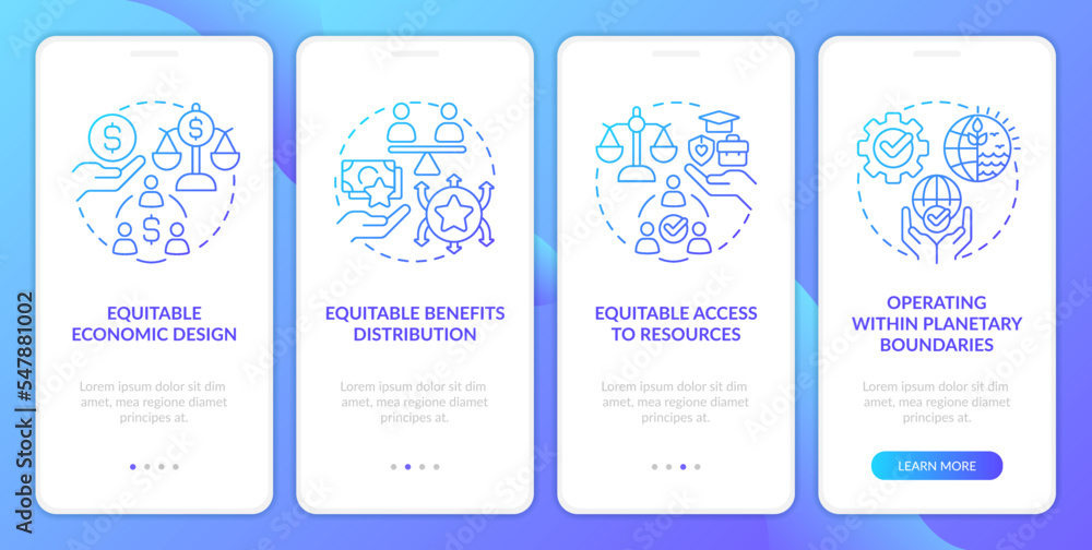 Characteristics of inclusive growth blue gradient onboarding mobile app screen. Walkthrough 4 steps graphic instructions with linear concepts. UI, UX, GUI template. Myriad Pro-Bold, Regular fonts used