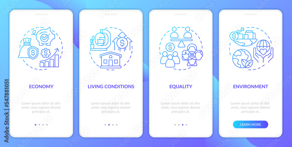 Elements of inclusive growth index blue gradient onboarding mobile app screen. Walkthrough 4 steps graphic instructions with linear concepts. UI, UX, GUI template. Myriad Pro-Bold, Regular fonts used