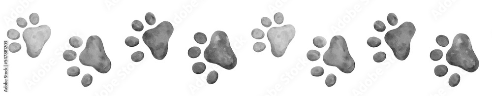 cat paw prints straight walk, gray or black and white watercolor border graphic element - obrazy, fototapety, plakaty 