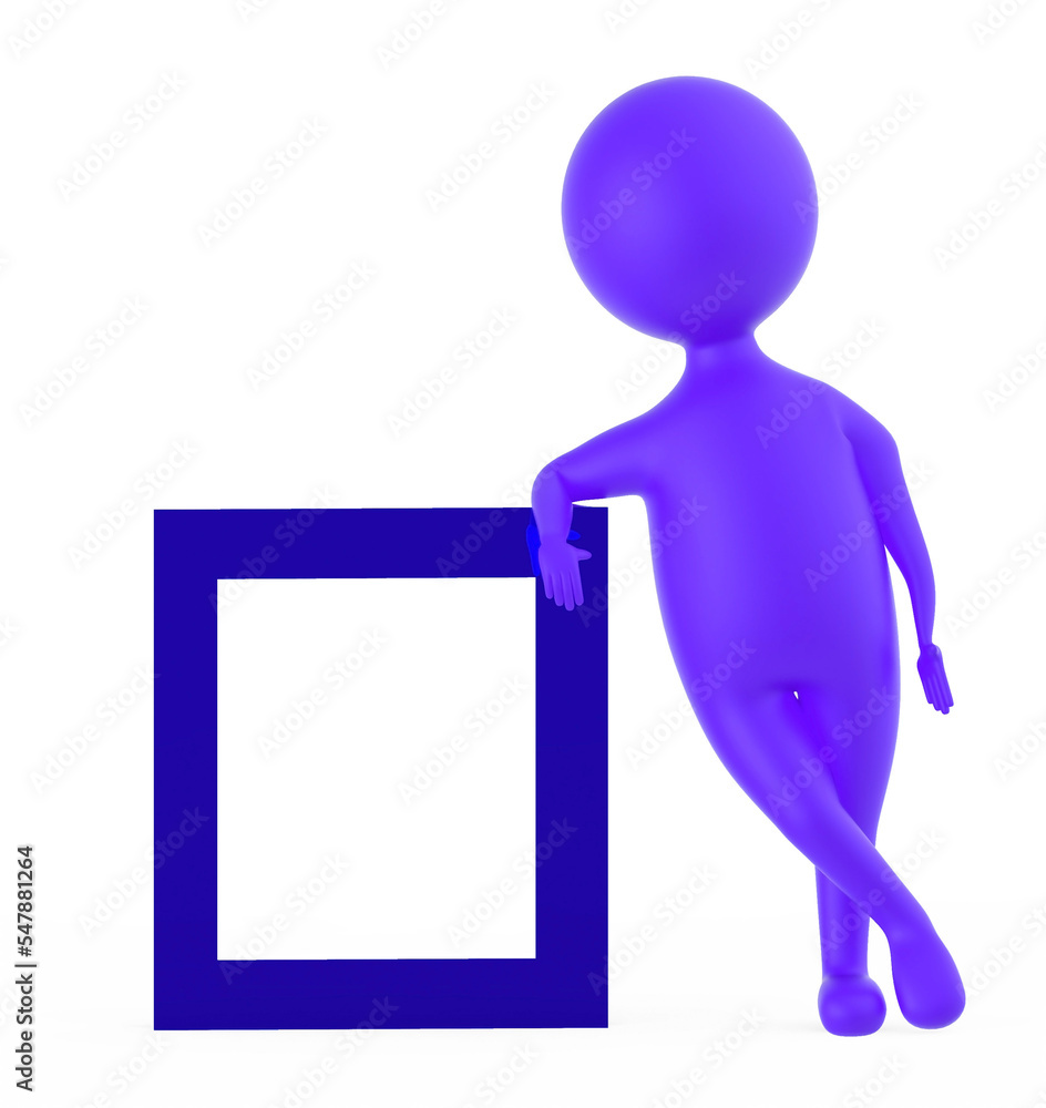 3d purple character leaning over a frame board 3d purple character leaning over a frame board