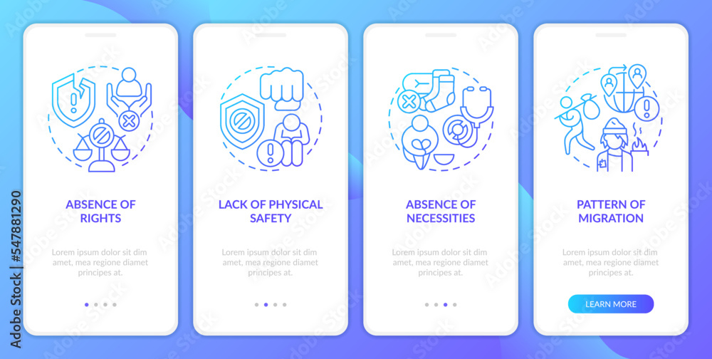 Main causes of contemporary slavery blue gradient onboarding mobile app screen. Walkthrough 4 steps graphic instructions with linear concepts. UI, UX, GUI template. Myriad Pro-Bold, Regular fonts used