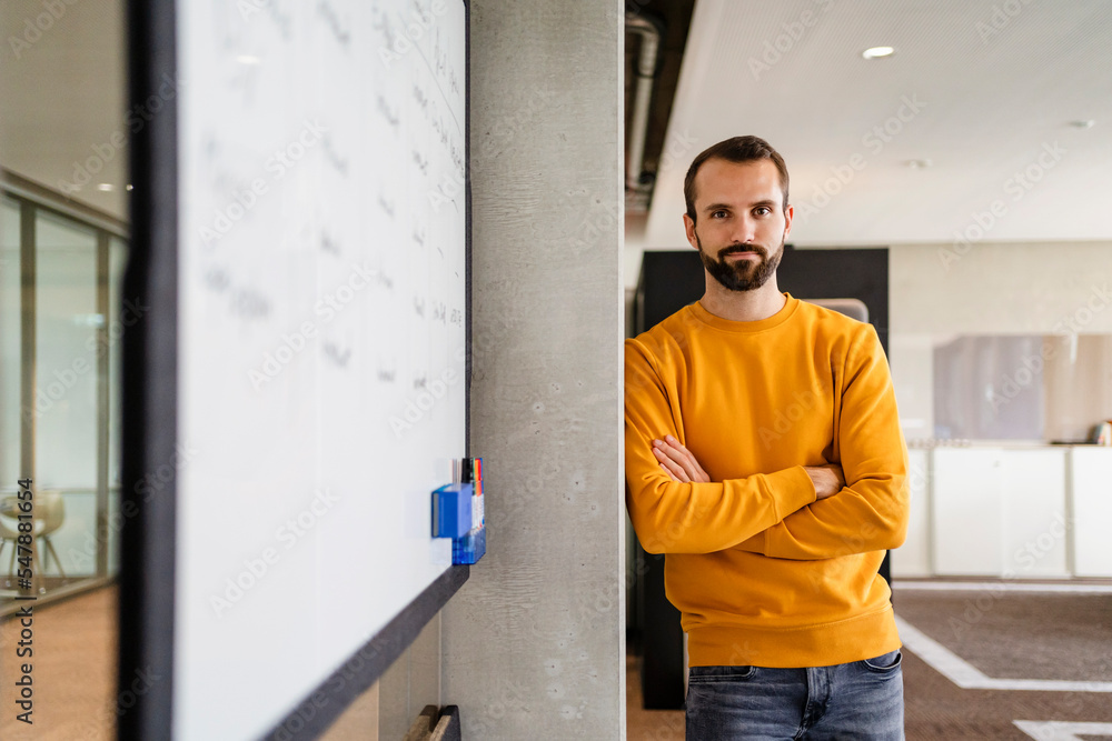Confident businessman with arms crossed leaning on wall at office Confident businessman with arms crossed leaning on wall at office