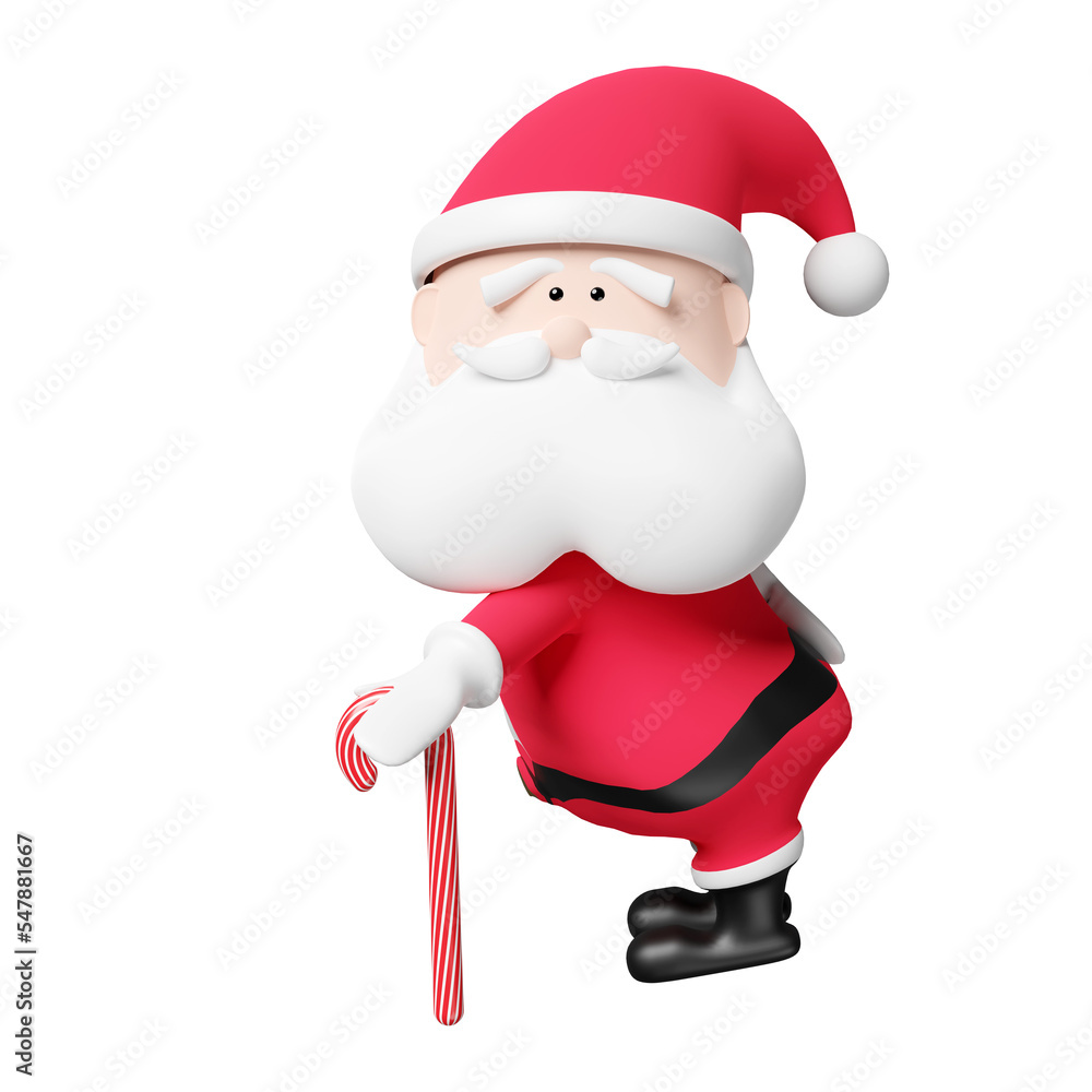 Obraz premium character santa Claus holding Xmas candy cane stick isolated ,website, poster or Happiness cards, Christmas banner, festive New Year, 3d illustration render