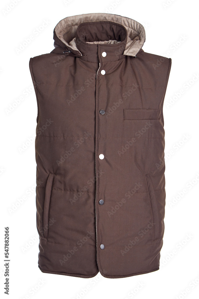 Warm vest made of brown fabric, insulated with down, with a hood, isolated on a white background on an invisible mannequin. Warm vest made of brown fabric, insulated with down, with a hood, isolated on a white background on an invisible mannequin.