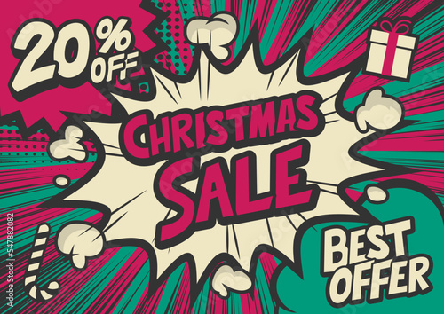 20%off Christmas sale typography pop art background, an explosion in comic book style.