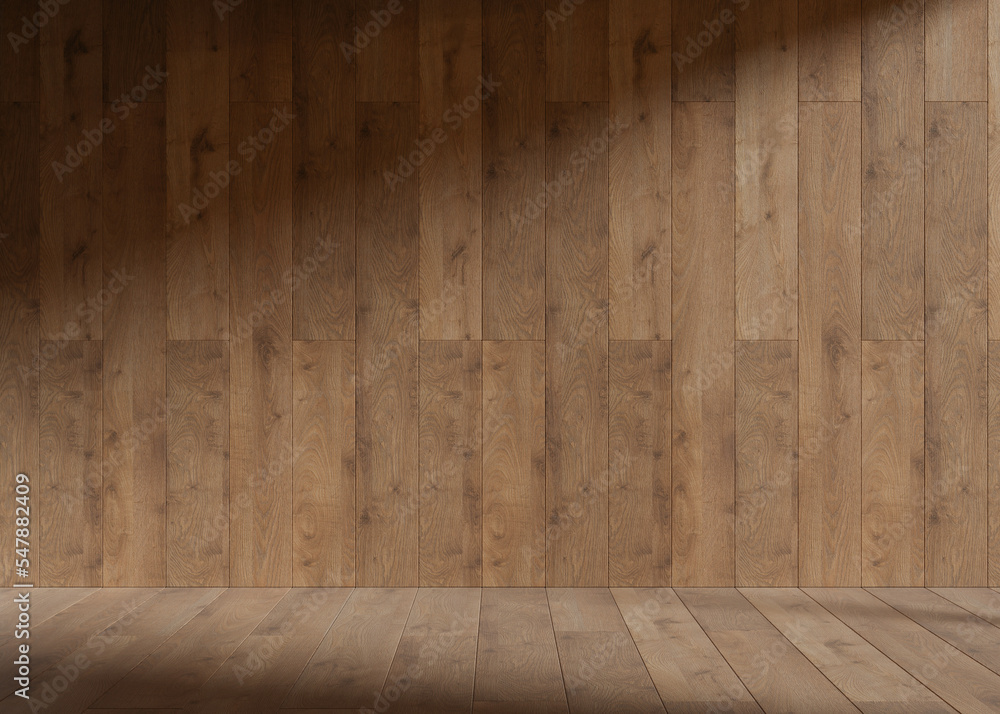 Naklejka premium Empty room with daylight. Wood look tiles. Only wall and floor. Mock up interior. Free, copy space for your furniture, picture, decoration and other objects. 3D rendering.