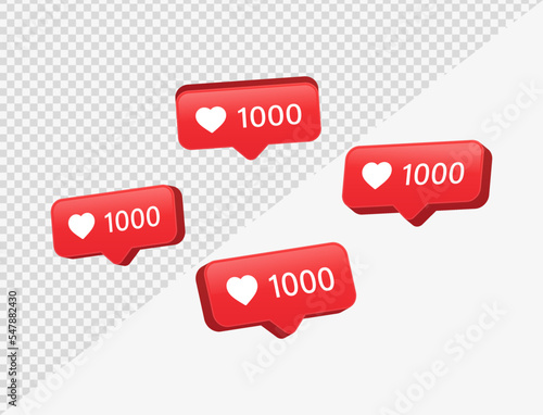 3d heart in speech bubble icon, love like heart bubbles background, social media notification icons 1000 likes counter, post reaction for social network, favorite hearts, 3d rendering, 3d illustration