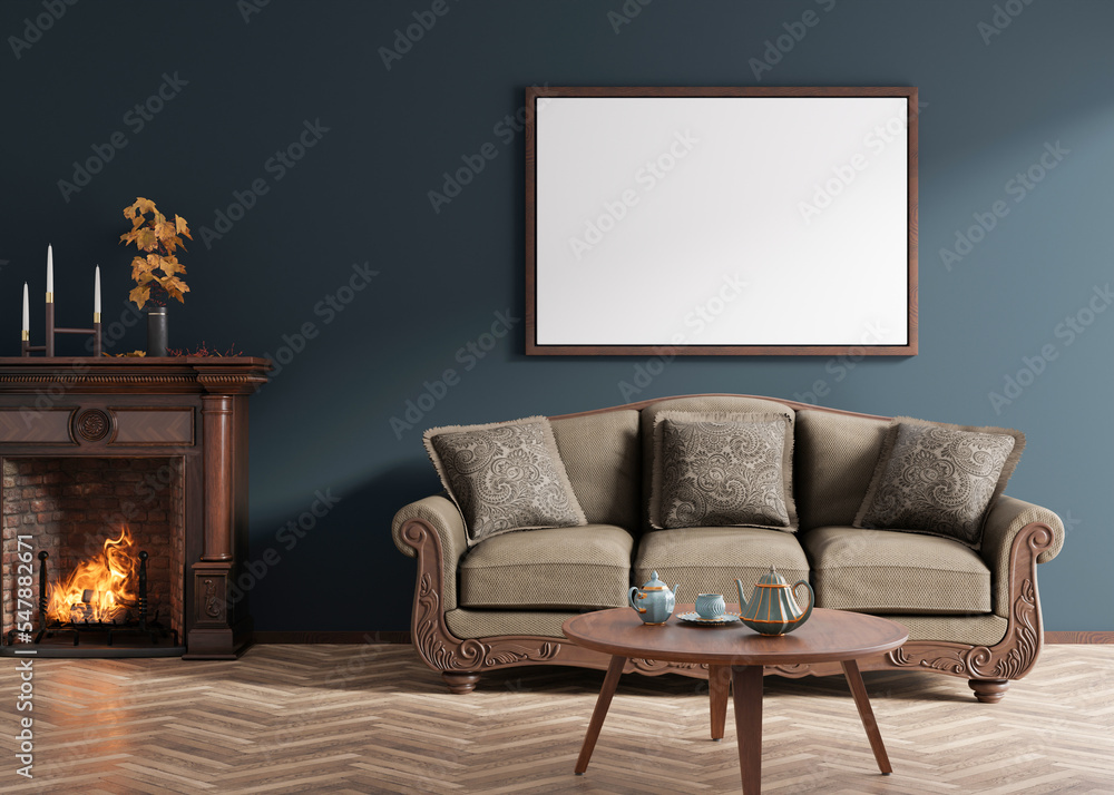 Empty horizontal picture frame on dark blue wall in modern living room. Mock up interior in classic style. Empty, copy space for your picture, poster. Sofa, table, parquet floor, fireplace. 3D render. - obrazy, fototapety, plakaty 