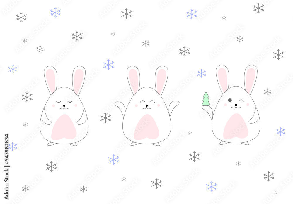 Funny and cute bunny (rabbit) in snow for Christmas and winter Doodle cartoon style.Happy New Year 2023.Vector illustration Funny and cute bunny (rabbit) in snow for Christmas and winter Doodle cartoon style.Happy New Year 2023.Vector illustration