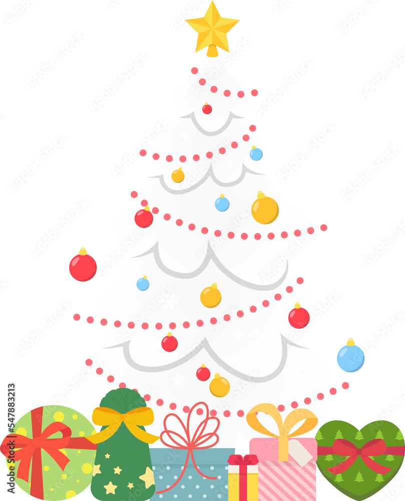 A decorated white Christmas tree with stars and balls and ribbons with Christmas gifts, beautiful and lively, celebrating Christmas, vector cartoon style