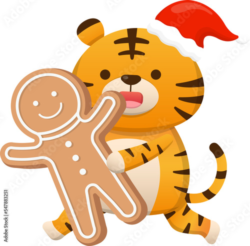Fototapeta Naklejka Na Ścianę i Meble -  Cute tiger character mascot with gingerbread man, happy to celebrate christmas or new year, vector cartoon style