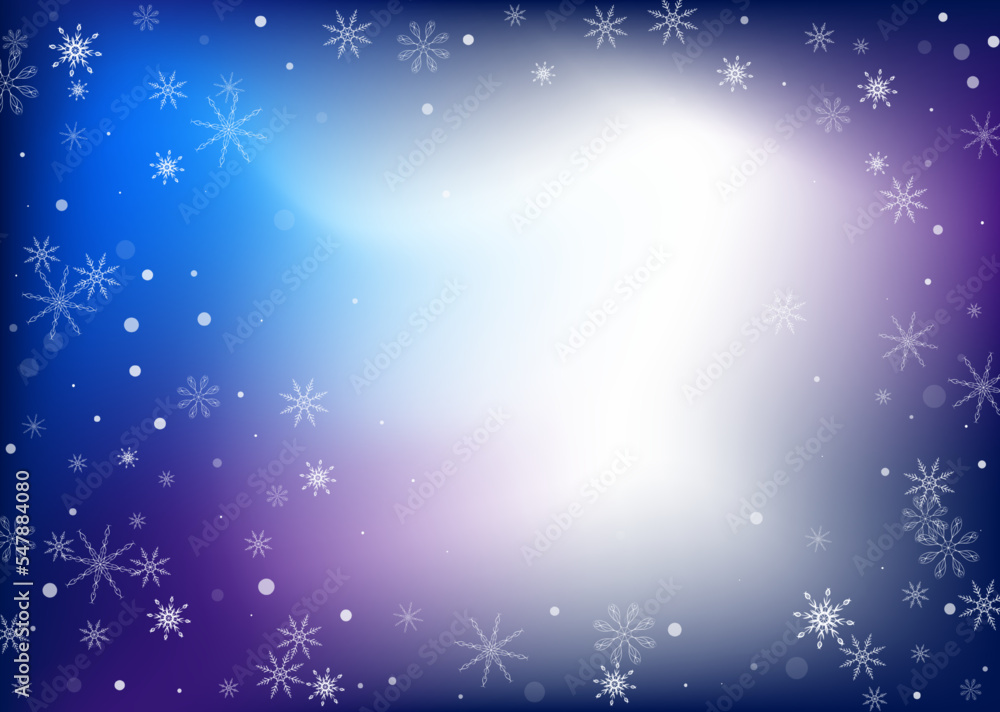 Snowflakes. Snow, snowfall. Falling scattered white snowflakes on a white-blue gradient background. Vector