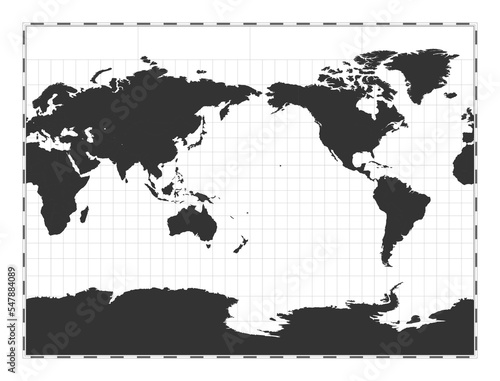 Vector world map. Miller cylindrical projection. Plan world geographical map with latitude longitude lines. Centered to 180deg longitude. Vector illustration.