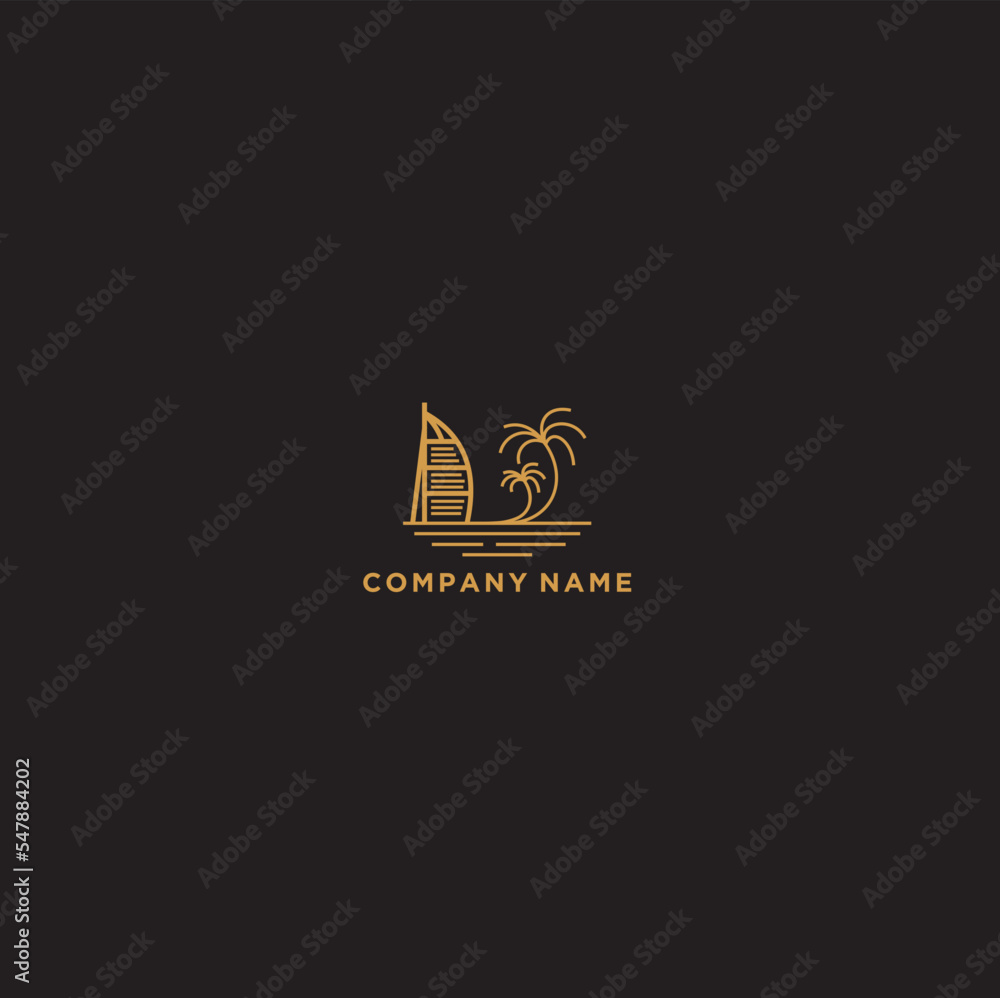 beach and island line logo design, vector monogram design of circular beach icons, with gold colour.